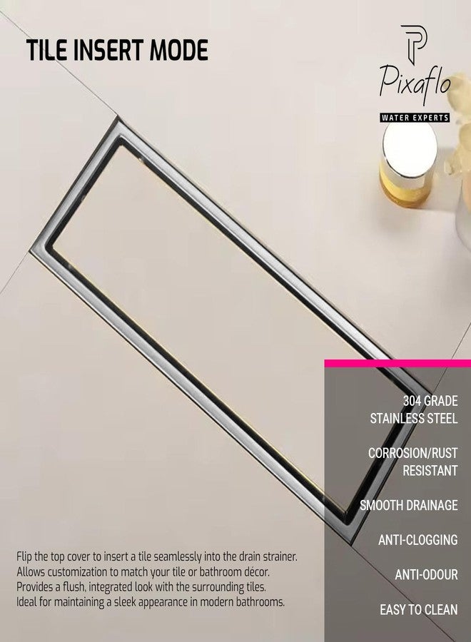 Pixaflo Tile Insert Shower Drain Channel | 12 x 4 inches | Invisible Floor Drain with Cockroach Trap | Side Hole | Compatible with 13mm Tiles | Durable 304 Stainless Steel Drain Jali with Collar - Image 4